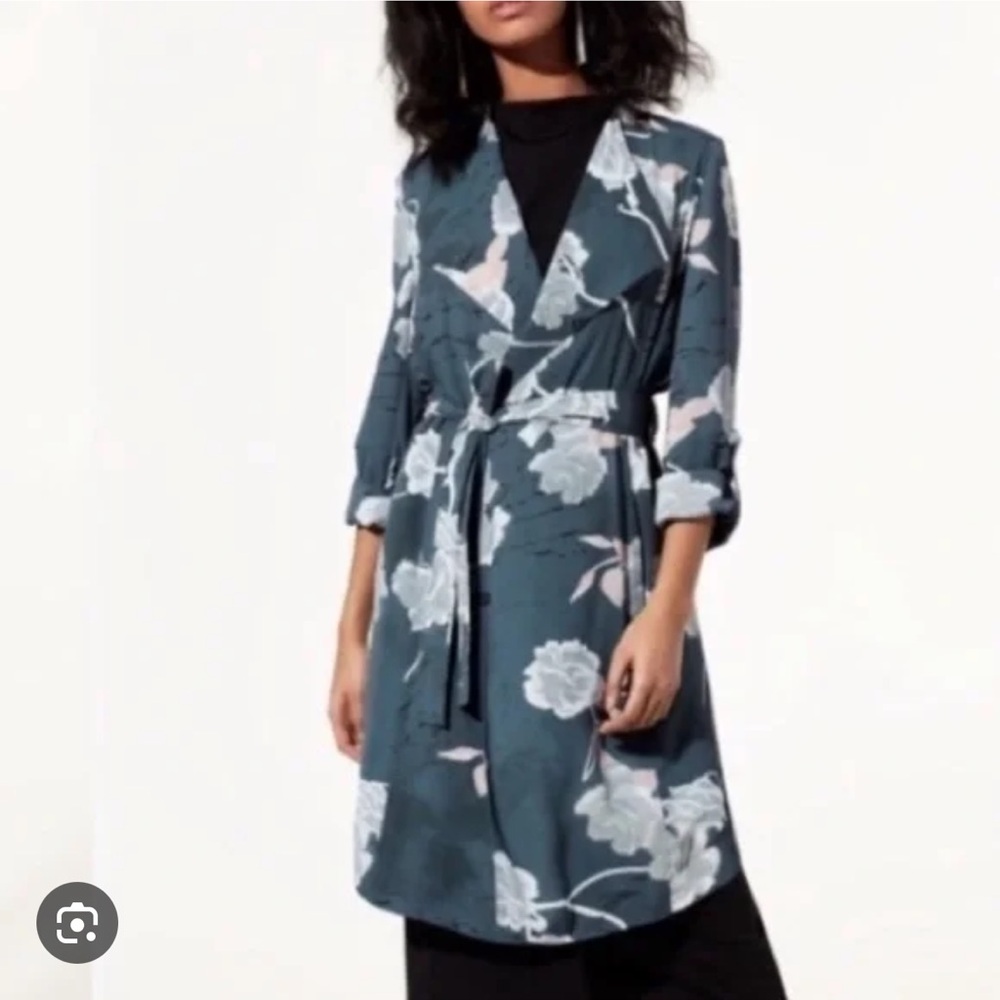 Aritzia Floral Teal Trench Coat